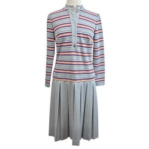 70s Bleeker Street Vintage Pleated Stripe Long Sleeve Dress Medium